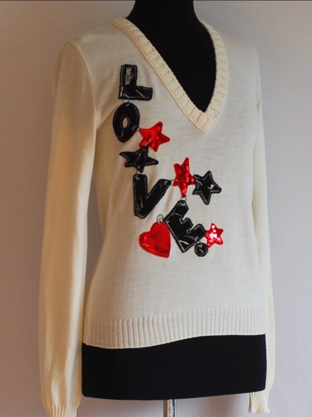 Moschino Jeans Love Accented V Neck Wool Blend Sweater - Italy